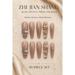 Nude Long Tapered Press‑On Nails, Luxury Rhinestone Pearl Cross Reusable Fake Nails
